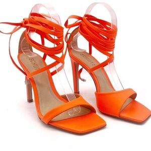 NWOB Schutz Bryce Ankle Tie leather high-heel sandal | Acid Orange | Size 6.5
